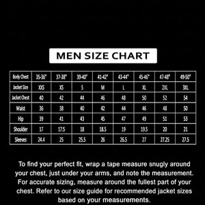 May include: A black and white Men's Size Chart with measurements in inches. The chart includes body chest, jacket size, jacket chest, waist, hip, shoulder, and sleeves. Instructions for measuring are included.