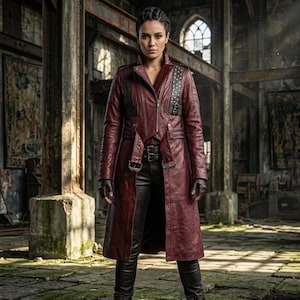 Gabardina de cuero rojo, chaqueta de cosplay de cazador de demonios, abrigo largo para gamers, atuendo de guerrero de fantasía, abrigo largo de cuero hecho a mano