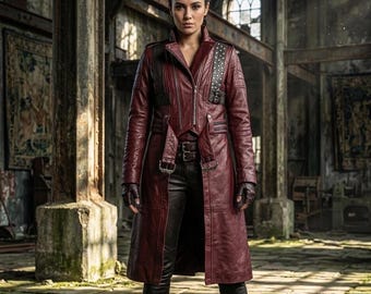 Red Leather Trench Coat, Demon Hunter Cosplay Jacket, Full Length Gamer Coat, Fantasy Warrior Outfit, Handmade Long Leather Coat