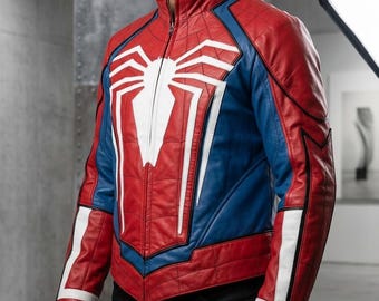 Spider-Man Inspired Leather Jacket | Red Blue Superhero Cosplay Coat | Gamer Streetwear Jacket