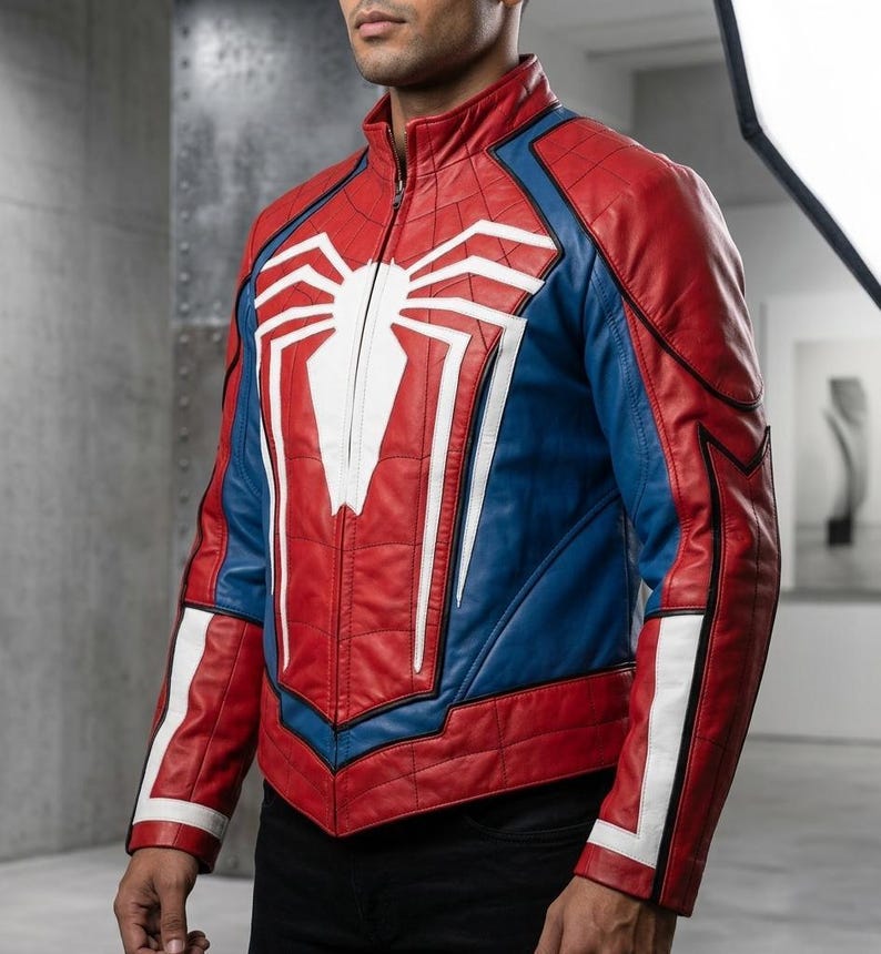 May include: Red, blue, and white leather jacket with a full-zip closure. The jacket features a large white spider emblem on the chest and white stripes on the sleeves. The jacket has a quilted design.