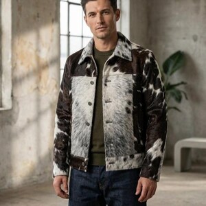 Mens Cowhide Hair On Jacket, Genuine Leather Western Cowboy Coat, Handmade Cow Print Ranch Jacket, Luxury Rodeo Statement Outerwear