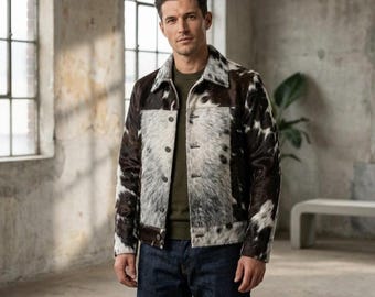 Mens Cowhide Hair On Jacket, Genuine Leather Western Cowboy Coat, Handmade Cow Print Ranch Jacket, Luxury Rodeo Statement Outerwear