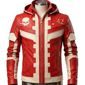 May include: Red and cream-colored leather jacket with a hood and a full-length zipper. The jacket features a skull emblem on the chest, the number 42, and white geometric designs. The jacket has a sporty, motorcycle-inspired design.