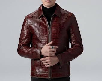 Men’s Burgundy Crocodile Embossed Leather Jacket – Luxury Cowhide Biker Moto Jacket – Croc Print Statement Coat