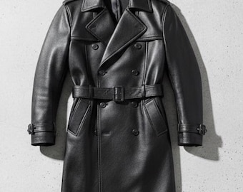 Men’s Black Genuine Cow Leather Trench Coat | Handmade Long Leather Overcoat | Custom Fit Winter Biker Coat