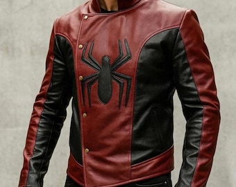 Spider Inspired Biker Jacket Men Red Black | Moto Leather Cosplay Jacket | Superhero Outfit