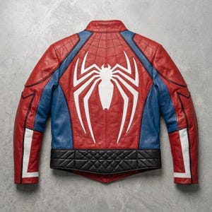May include: Red, blue, and white leather jacket featuring a large white spider emblem on the back. The jacket has a quilted black hem and white stripes on the sleeves. The design is inspired by a superhero.