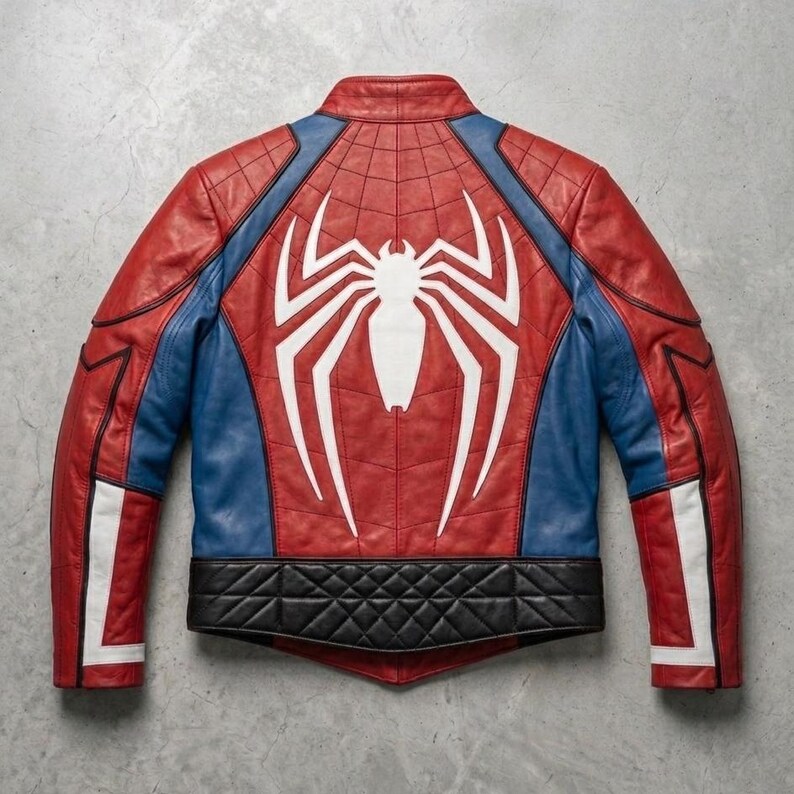 May include: Red, blue, and white leather jacket featuring a large white spider emblem on the back. The jacket has a quilted black hem and white stripes on the sleeves. The design is inspired by a superhero.