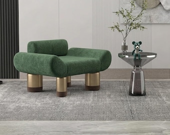 Emerald Green Bouclé Lounge Chair, Gold Metal Legs, Nordic Velvet Armchair