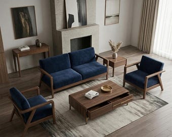 Divano blu navy in legno massello di teak, stile Mid-Century Modern, realizzato artigianalmente per il soggiorno.
