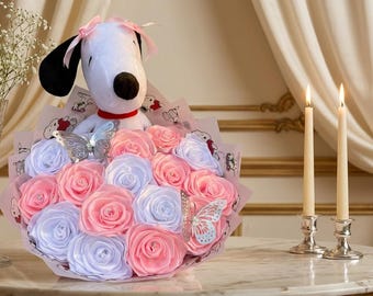 Dog Character Inspired Eternal Rose Bouquet Gift for Her, Handmade Anniversary Birthday Valentine’s Day Present