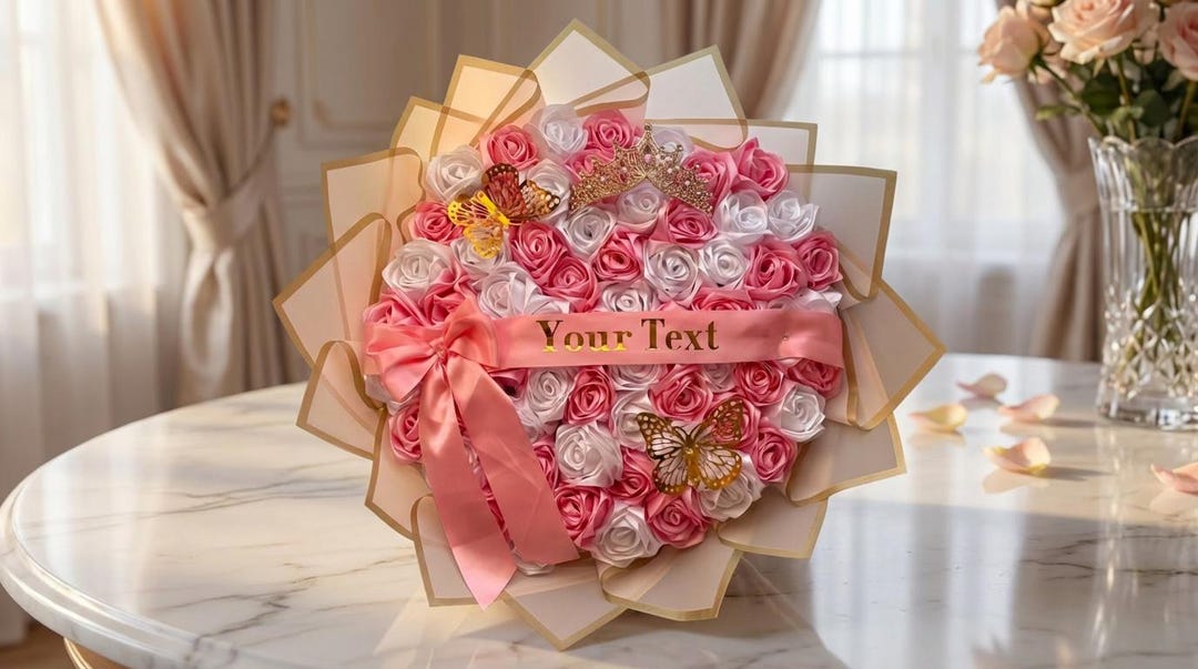 Custom Pink Roses Personalized Pink Rose Bouquet – Handmade Satin Flowers, Custom Ribbon ...