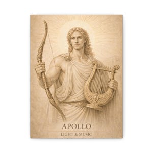 May include: A sepia-toned print featuring a classical depiction of Apollo. He holds a bow and lyre, with a sunburst halo. The text "APOLLO LIGHT & MUSIC" is at the bottom. The artwork has a vintage, artistic style.