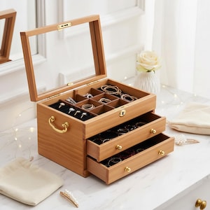 Wooden Jewelry Box Vintage Jewelry Organizer Mirror Ring Necklace Holder Men Gift Birthday Present Storage Case Locking Trinket Chest Three