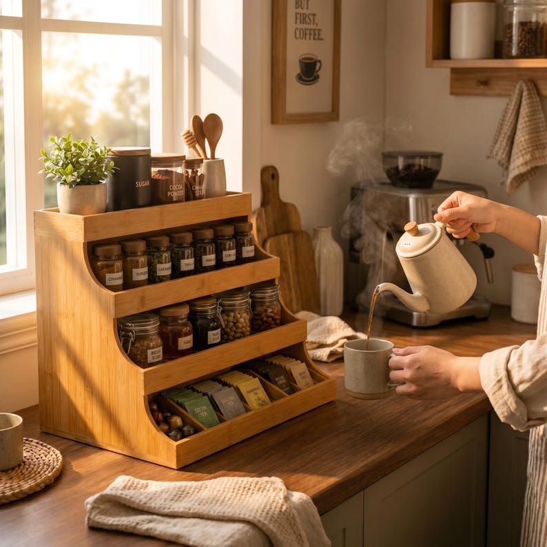 Bamboo Spice Rack Kitchen Countertop Storage Shelf Coffee Station Tea ...