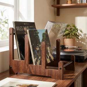 Può includere: Un portadischi in legno scuro con tre scomparti, che contiene vinili. Il supporto è su una superficie di legno, con un giradischi e una pianta sullo sfondo. I dischi presentano copertine con testo e immagini.
