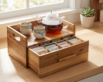 Wooden Tea Box Organizer Drawer Chest Kitchen Counter Caddy Storage Container Compartment Sorter Tray Bag Coffee Pod Beverage Station Gift