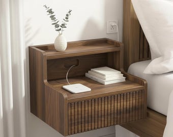 Set of 2 Floating Nightstand Wall Mounted Bedside Table Walnut Wood Drawer Shelf Storage Solution Bedroom Furniture Modern Small Apartment