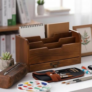 Wooden Desk Organizer Vintage Style Rustic Office Storage Solution Creative Space Stationery Sorting Box Drawer Document Filing System