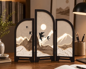 Privacy Screen Desk Divider Office Admin Workspace Partition Oriental Bird Art Panel Japanese Cherry Blossom Floral Design Tabletop