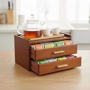May include: A wooden tea chest with two drawers, each filled with tea bags. A glass teapot with tea and two white cups sit on top, along with a small wooden tray. The chest has gold-colored handles.