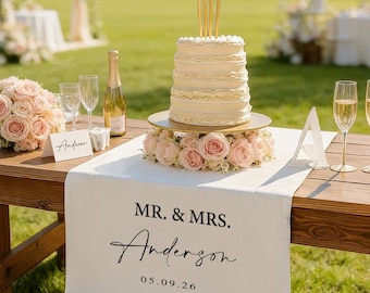 Letrero personalizado con apellido, camino de mesa para bodas, pancarta de boda de lino personalizada, decoración para la mesa de los novios, regalo para la recepción de la boda, regalo de aniversario