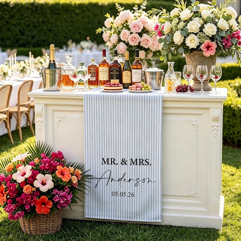 Personalized Linen Striped Bar or Event Sign,Custom Wedding Table Runner,Wedding, Birthday,Anniversary Sign,Custom Name Bar Wedding Sign image 7