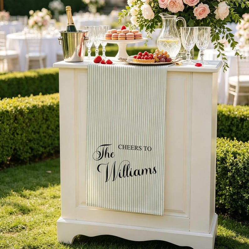 May include: A light green and white vertical striped table runner draped over a white wooden pedestal. The runner features black printed text that reads "CHEERS TO The Williams" in a combination of serif and elegant script fonts.