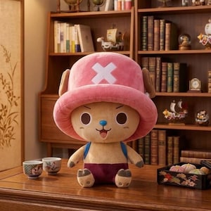 May include: A plush toy of a cartoon character with a pink hat featuring a white cross, brown antlers, and a blue nose. The character is wearing a blue backpack and maroon shorts. The toy is sitting on a wooden table.