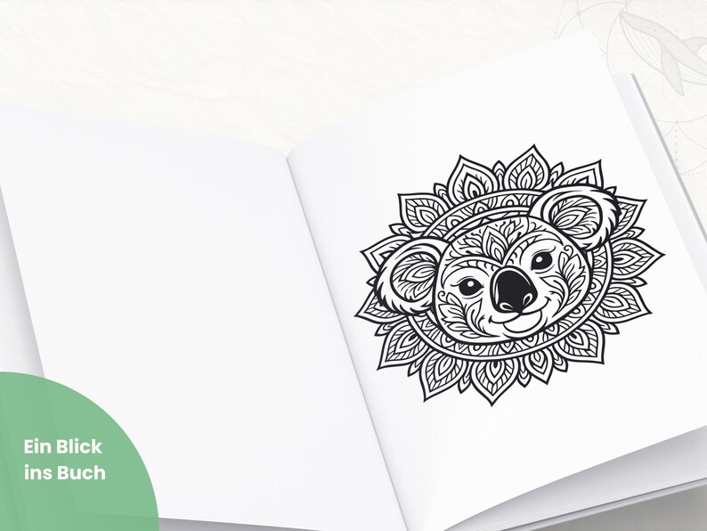 May include: A black and white illustration of a koala's face with a mandala design on an open book. The koala has detailed patterns within its features and is surrounded by a circular design. The text "Ein Blick ins Buch" is visible.