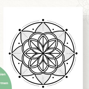 May include: Black and white mandala design with a floral pattern. The design features a central flower shape surrounded by layered petal-like shapes and dotted lines. The image includes the text "Feine Linien und klare Formen" in a green circle.
