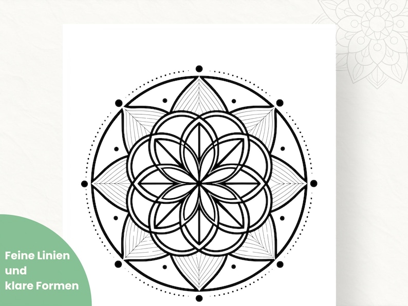 May include: Black and white mandala design with a floral pattern. The design features a central flower shape surrounded by layered petal-like shapes and dotted lines. The image includes the text "Feine Linien und klare Formen" in a green circle.