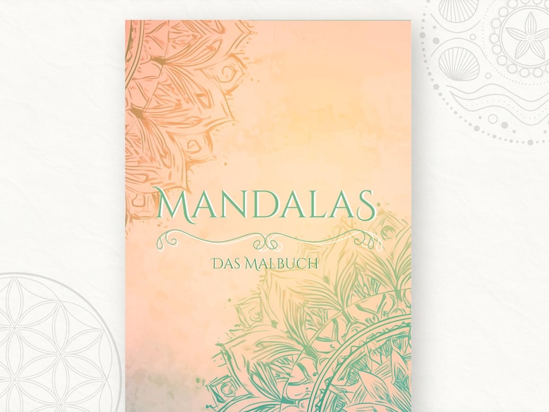 May include: A coloring book titled "Mandalas" with a watercolor-style cover. The cover features a soft peach and yellow gradient background with floral mandala designs in teal and orange. The text "MANDALAS" is in a decorative font.