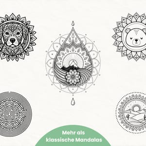 May include: Black and white mandala designs featuring a dog, bear, water drop with a mountain scene, a maze, and a desert landscape with cacti. The designs are intricate and detailed, with a circular format. Text at the bottom reads "Mehr als klassische Mandalas".