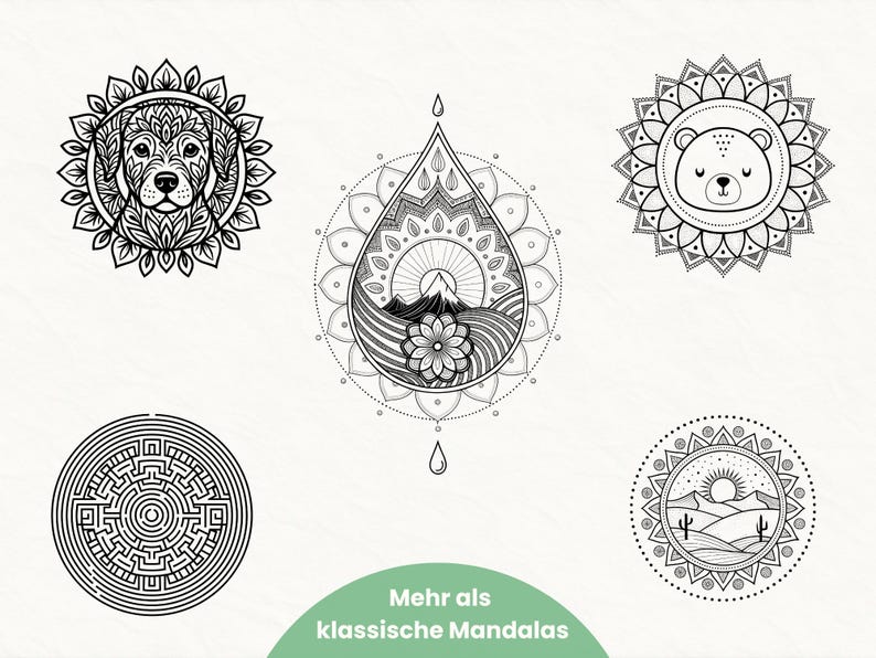 May include: Black and white mandala designs featuring a dog, bear, water drop with a mountain scene, a maze, and a desert landscape with cacti. The designs are intricate and detailed, with a circular format. Text at the bottom reads "Mehr als klassische Mandalas".