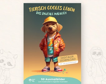 Djurmålarbilder PDF – 50 Coola A4-målarbilder – Digital målarbok för barn – Ett coolt djurliv – Utskrivbart