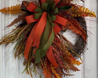 Handmade Grapevine Fall Wreath, Rustic Autumn Ferns, Plaid Bow Door Decor