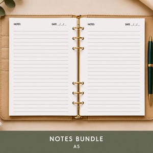 May include: Open A5 notebook with lined pages, gold rings, and a tan leather cover. The notebook is open to reveal the lined pages with the words "NOTES" and "DATE" printed at the top. A green pen rests on the right side. The text "NOTES BUNDLE A5" is at the bottom.