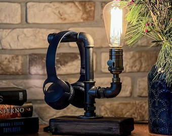 Lámpara de mesa estilo vintage/loft con bombilla Edison y soporte para auriculares o reloj