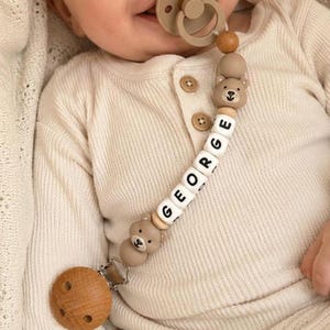 Neutral Bear Dummy Clip | Personalised Pacifier Chain with Name | Silicone Soother | Baby Shower Gift
