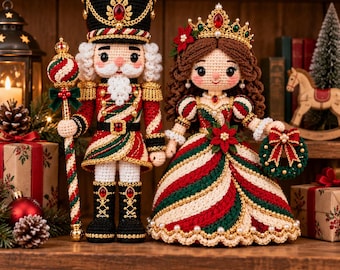 Crochet Pattern Christmas Nutcracker Couple PDF, King & Queen Amigurumi Spiral Dolls, Holiday Hanging Decor, US Terms