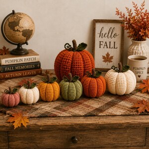 May include: A collection of seven crocheted pumpkins in various sizes and colours, including orange, white, yellow, green, and pink. Each pumpkin features a textured, ribbed surface with a small brown stem and a single green leaf attached to the top.