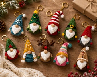 Christmas Gnome Crochet Pattern Bundle PDF, 10-in-1 Gnome Keychain Patterns, Amigurumi Holiday Ornaments, Instant Download