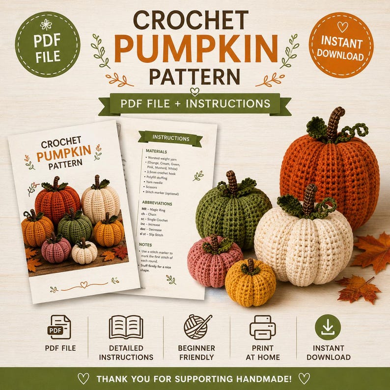 May include: A digital crochet pumpkin pattern featuring a PDF file and instructions. The document displays text and images of finished orange, green, cream, pink, and yellow crocheted pumpkins. Several physical crocheted pumpkins are arranged nearby.