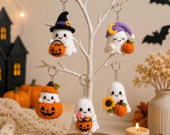 Ghost Pumpkin Keychain Crochet Pattern Bundle PDF, 5-in-1 Halloween Amigurumi Ghost Keychains, Cute Pumpkin Bag Charms, Digital Download