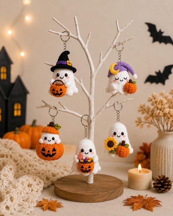 Ghost Pumpkin Keychain Crochet Pattern Bundle PDF, 5-in-1 Halloween Amigurumi Ghost Keychains, Cute Pumpkin Bag Charms, Digital Download