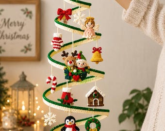 Haakpatroon voor een spiraalvormige kerstmobiel (PDF), amigurumi kerstversiering, hangende kerstboomdecoratie, feestelijke mobiel, direct te downloaden.