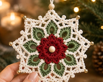 Crochet Pattern Christmas Snowflake Ornament PDF, Beaded 8-Point Snowflake, Holiday Tree Decoration, Winter Decor, Instant Download