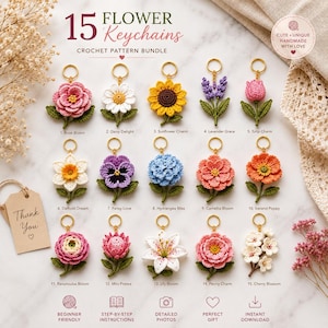 Flower Keychain Crochet Pattern Bundle PDF, 15 Amigurumi Flower Keychain Patterns, Beginner Bag Charm & Keyring Tutorial
